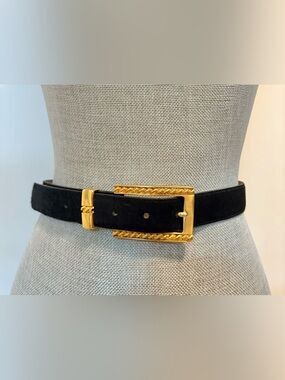 Vintage Black Suede Belt with Gold Buckle Size Medium 36”